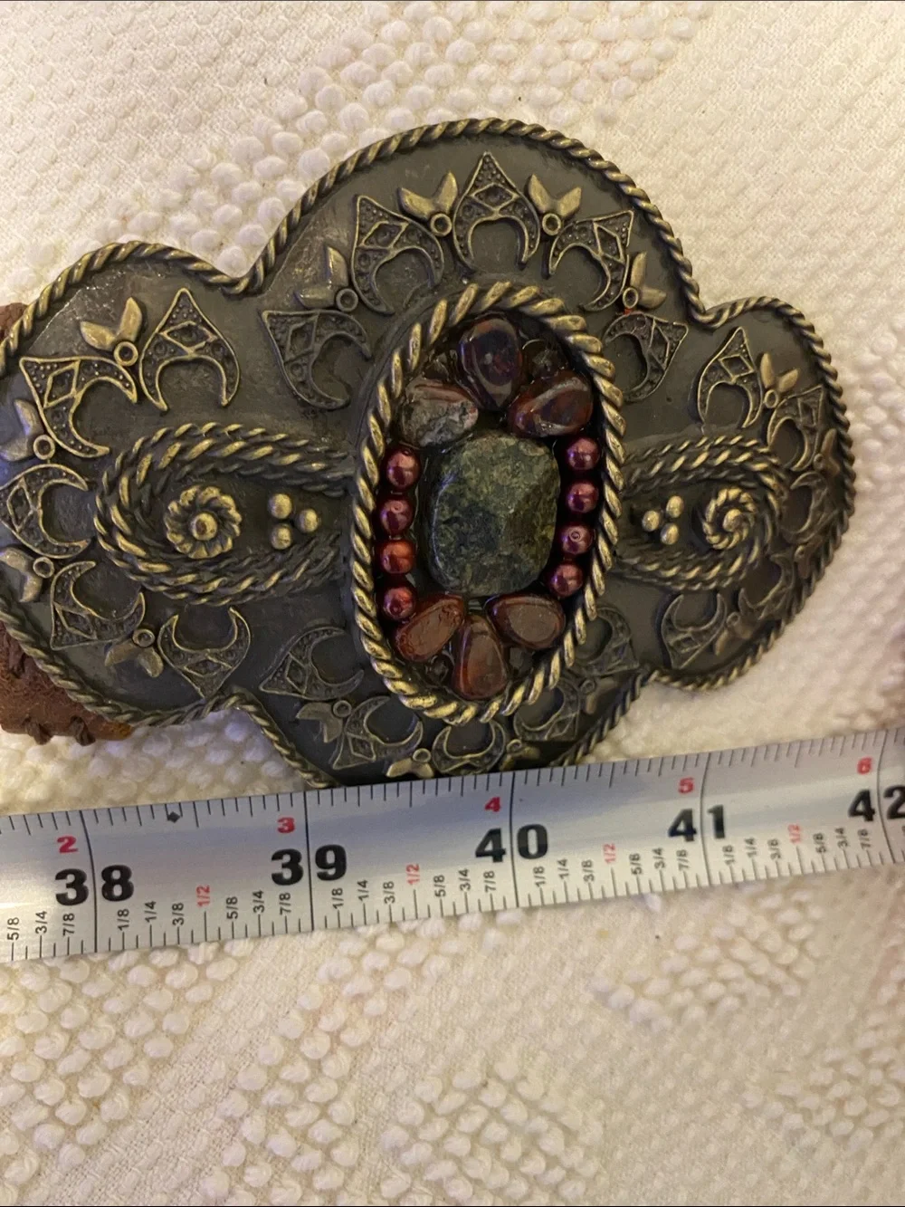 CAbi Brown Leather Belt with Ornate Silver-Tone Beaded Buckle